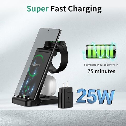 محطة شحن 3 في 1 لأجهزة سامسونج، شاحن 25 وات PD فائق السرعة لهاتف Samsung Galaxy S23 Ultra/S22/21/Note20/Z Fold5/4/3، Galaxy Buds2Pro/Plus/Liv، شاحن لاسلكي لساعة Galaxy Watch 6/5 pro/4 /3/نشط2 in Kuwait