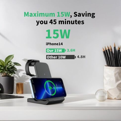【3 in 1】 Wireless Charger, Portable Wireless Charging Station, 15W Qi Fast Charge, iPhone Charger for iPhone 15/14/13/12/11/X/Samsung/Apple Watch AirPods and Android Phones etc in Saudi Arabia