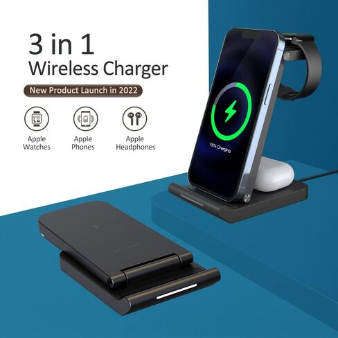 【3 in 1】 Wireless Charger, Portable Wireless Charging Station, 15W Qi Fast Charge, iPhone Charger for iPhone 15/14/13/12/11/X/Samsung/Apple Watch AirPods and Android Phones etc in Saudi Arabia