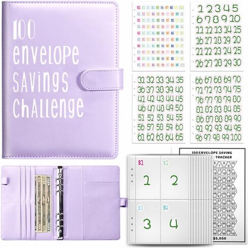 100 Envelope Challenge Binder Kit, A5 Money Saving Challenge Book with 25 Cash Envelopes, Cash Stuffing Binder with Digital Stickers, Purple Money Planner in Kuwait