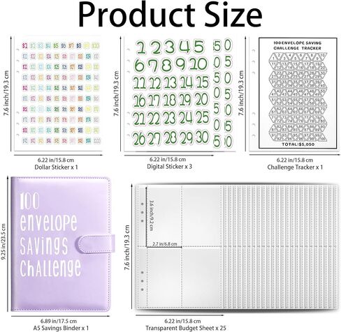 100 Envelope Challenge Binder Kit, A5 Money Saving Challenge Book with 25 Cash Envelopes, Cash Stuffing Binder with Digital Stickers, Purple Money Planner in Kuwait