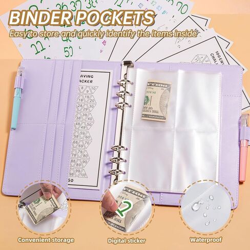 100 Envelope Challenge Binder Kit, A5 Money Saving Challenge Book with 25 Cash Envelopes, Cash Stuffing Binder with Digital Stickers, Purple Money Planner in Kuwait