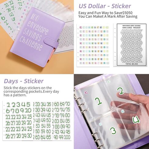 100 Envelope Challenge Binder Kit, A5 Money Saving Challenge Book with 25 Cash Envelopes, Cash Stuffing Binder with Digital Stickers, Purple Money Planner in Kuwait