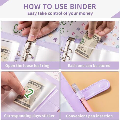 100 Envelope Challenge Binder Kit, A5 Money Saving Challenge Book with 25 Cash Envelopes, Cash Stuffing Binder with Digital Stickers, Purple Money Planner in Kuwait
