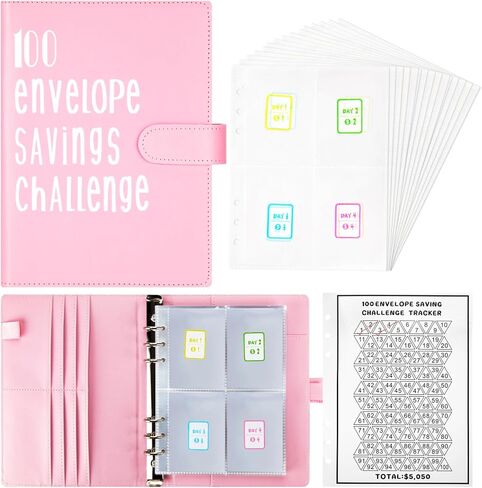 مجلد تحدي توفير المال 100 ظرف، مجلد توفير مقاس A5 مع مظاريف نقدية، مجلد الميزانية للتخطيط وتوفير 5050 دولارًا (أرجواني) in Kuwait