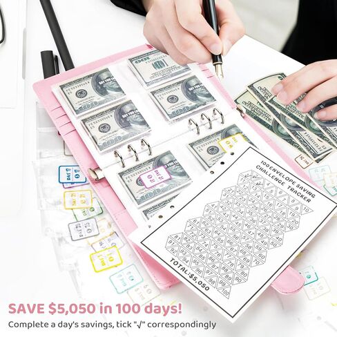 مجلد تحدي توفير المال 100 ظرف، مجلد توفير مقاس A5 مع مظاريف نقدية، مجلد الميزانية للتخطيط وتوفير 5050 دولارًا (أرجواني) in Kuwait