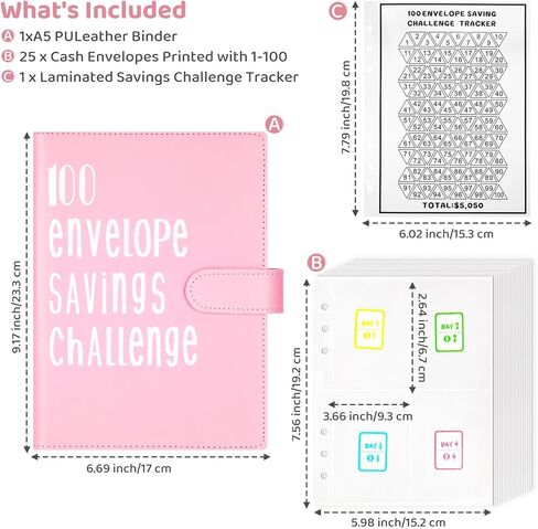 مجلد تحدي توفير المال 100 ظرف، مجلد توفير مقاس A5 مع مظاريف نقدية، مجلد الميزانية للتخطيط وتوفير 5050 دولارًا (أرجواني) in Kuwait