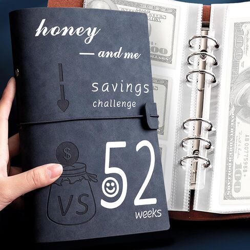 Leather 52 Week Challenge Binder Money Saving A5 - Reusable Challenge Book Budget Binder with Cash Stuffing Envelopes - Frosted Cover Organizer for Cash Savings Notebook Planner - Dark Blue in Kuwait
