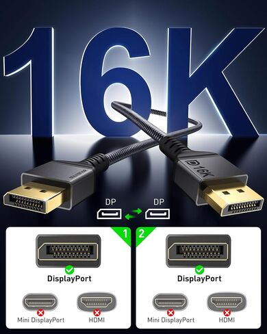 كابل DisplayPort 2.1 معتمد من Maxonar، بطول 6.6 قدم/2 متر 16K DisplayPort 2.0 يدعم 80 جيجابت في الثانية، 16K@60هرتز، 10K@60هرتز، 8K@60هرتز، 4K@165هرتز، HDR، HDCP 2.2 لشاشة الألعاب والتلفزيون والكمبيوتر الشخصي والكمبيوتر المحمول in Kuwait