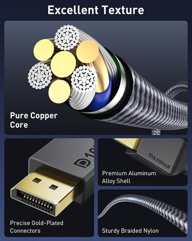 كابل DisplayPort 2.1 معتمد من Maxonar، بطول 6.6 قدم/2 متر 16K DisplayPort 2.0 يدعم 80 جيجابت في الثانية، 16K@60هرتز، 10K@60هرتز، 8K@60هرتز، 4K@165هرتز، HDR، HDCP 2.2 لشاشة الألعاب والتلفزيون والكمبيوتر الشخصي والكمبيوتر المحمول in Kuwait