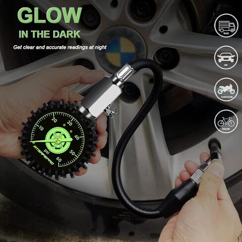 Tire Pressure Gauge 100psi Glow in The Dark, ATsafepro 2.5" Dial Mechanical Tire Gauges for Tire Pressure, Certificated Accuracy Analog Air Pressure Gauge for Cars, Trucks, Bicycles. in Saudi Arabia