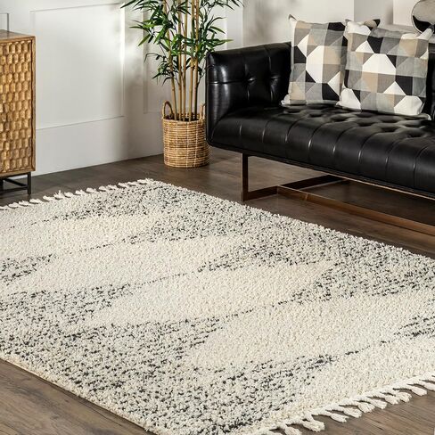 سجادة منطقة NuLOOM Bria مغربية ذات شرابة - 2 × 14 سجادة عداء أشعث حديثة/معاصرة سجاد أبيض/فحمي لغرفة المعيشة وغرفة النوم وغرفة الطعام والحضانة ومدخل المدخل in Saudi Arabia