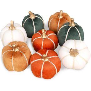 FORUP 8 Pcs Thanksgiving Pumpkin Set, Artificial Fall Pumpkin Decoration, Assorted Harvest Fabric Pumpkins for Farmhouse Fall Halloween Autumn Thanksgiving Harvest Home Decorations
