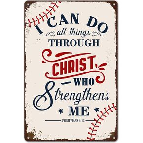 Inspirational Baseball Tin Sign - "I Can Do All Things Through Christ" Wall Art Decor for Boys' Bedroom, Sports Room, or Baseball Fans 8 x 12 Inch (293)