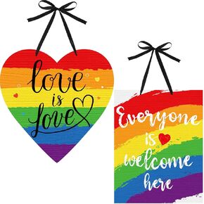 Jetec 2 Pieces Rainbow Pride Sign Everyone is Welcome Here Sign Love is Love Wood Hanging Decoration Double Sided Printing Wall Door Window Decor for Rainbow Pride Party