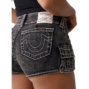 True Religion Women's Zipper Mid-Rise Hot Shorts - Midnight Mayhem | Denim Shorts with Zip