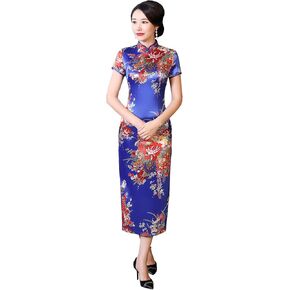 Shanghai Story Faux Silk Chinese Dress Long Cheongsam Floral Qipao for Women