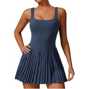 Womens Square Neck Tennis Dress Pleated Sleeveless Backless Built in Shorts Golf Athletic Dress with Pockets