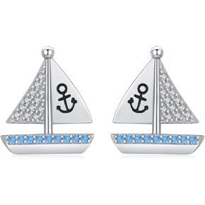 أقراط المراكب الشراعية البحرية ، أقراط S925 Sterling Silver Sail Boat Boat Studs ، أقراط ، أقراط NAUTICAL MIT مكعبات الزركونيا المجوهر