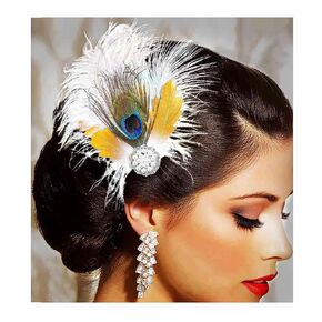 Yokawe 1920s Peacock Feather Hair clip Flapper Fascinators White Pearl Gatsby Hair Accessories for Women