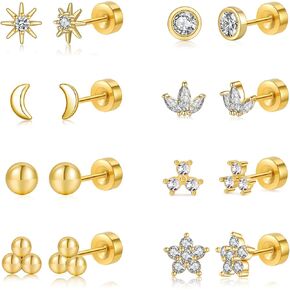 Senteria 6/8 Pairs Stainless Steel Stud Earrings for Women Hypoallergenic Flat Back Stud Earrings Tiny Stainless Steel Earring Small Cartilage Earring Set for Multiple Piercing