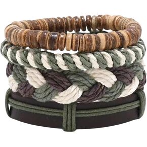 Wrap Bracelets,4-Piece Set Men Women Hand-Woven Vintage Brown Braided Leather Bracelet Adjustable Cuff