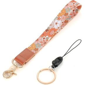 Hippie Aesthetic Wrist Lanyard Key Chain, Cute Boho Wristlet Strap Keychain Holder for Women (Yellow flower)