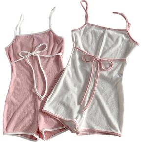 Verdusa Women's 2 Pack Coquette Bow Tie Sleeveless Rompers Backless Summer Jumpsuit Unitard