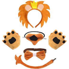 Kyson 5 Pcs Lion Costume Accessories Ears Headband Tail Bow Tie Nose Paw Gloves for Halloween Safari Jungle Zoo Animal Party