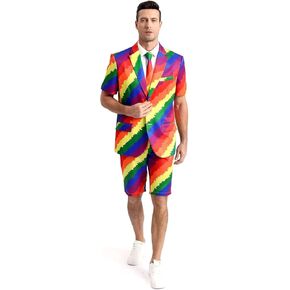 Men's 3-Piece Pride Rainbow Suits, Two Buttons Short Sleeve Blazer & Shorts & Tie
