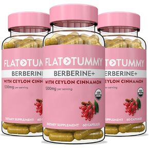 Flat Tummy Berberine Plus Supplement, 1200mg Berberine Per Serving, Post GLP-1 Berberine Supplement, Organic Berberine with Ceylon Cinnamon, 4:1 Potency – 60 Capsules