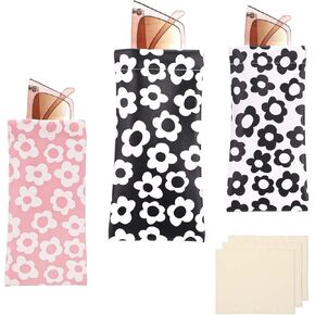 3pcs 7.4×3.58'' Cute Flowers Soft PU Leather Eyeglasses Cases, Sunglass Eyeglass Glasses Case, Portable Squeeze Top Holder Bag Pouch with Cleaning Cloth for Women Girs(black white pink)