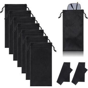 6 Pcs Sunglasses Glasses Pouch Microfiber 2 Cleaning Cloths, Soft Black Eyeglasses Holder, Drawstring Storage Bag for Eyeglass, Travel Soft Slip in Glasses Cases