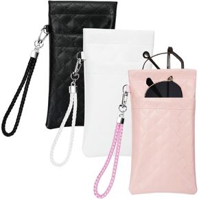 RETON 3 PCS Double Eyeglasses Case with Carrying Strap, Pink Black and White Color Sunglasses Pouch Soft Portable PU Leather Case for Women Men