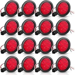Treela 16 Pcs 4 Inch Round LED Tail Trailer Lights, 10 LED Trailer Marker Lights Waterproof 12V Brake Turn Stop Lights Sealed Flush Mount for Truck RV Boat (Red)