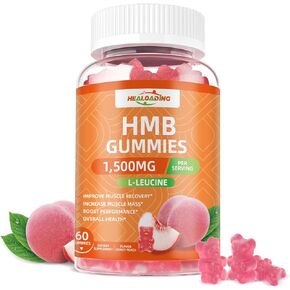 HMB and Leucine Gummies Supplement: HMB Supplements for Men 1500mg and Leucine Amino Acid for Muscle Recovery Increase Muscle Mass Improve Endurance Non-GMO Sugar Free Peach 60 Gummies