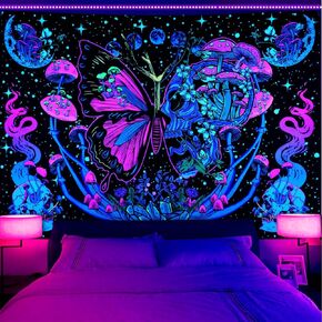 Invoibler Blacklight Skull Butterfly Tapestry UV Reactive Mushroom Tapestries Hippie Skeleton Moth Wall Decor Aesthetic Moon Flowers Tapestry Large Snake Wall Hanging for Bedroom(51.2 x 59.1 inches)