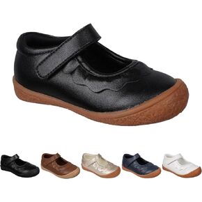 Oomphies Amina Leather Mary Jane Shoes for Girls – Ruffled Dress Shoes with Hook & Loop Closure, Soft Cushion Footbed