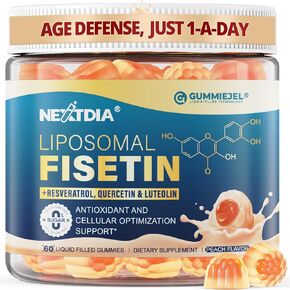 Liposomal Fisetin 200mg & Resveratrol Complex 500mg Liquid Gummies - Longevity & Cell Renewal Support - 98% High Purity Fisetin,Trans-Resveratrol Quercetin Luteolin with Vitamins C & E, 1-A-Day, 60Cts