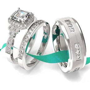 Wedding Ring Sets His And Hers Promise Ring Wedding Ring Sets His And Hers Couples Women 925 Sterling Silver Square Cut Moissanite Man titanium Wedding Band