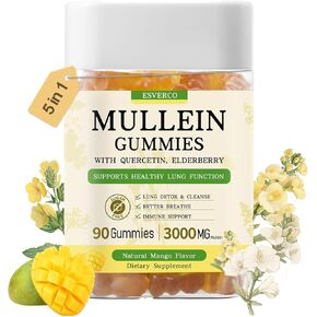 Mullein Gummies with 3600mg Mullein Leaf Extract, 7 in 1 for Lung Cleanse,Respiratory Lung Health, Immune Booster, Elderberry, Quercetin, Bromelain, Vitamin C&D3, No Sugar, for Adults, Vegan, 90 Count