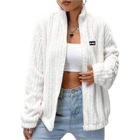 Women's Zip Up Letter Print Fleece Jackets Long Sleeve Drop Shoulder Fuzzy Teddy Outerwear Coat