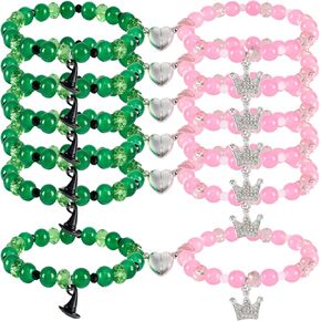 12Pcs Witch Princess Friendship Matching Bracelet Green Pink Rhinestone Jewelry Stuff Gifts Witch Hat Crown Bracelet Accessories for Couples Musical Movie Fan Dress Decor Birthday Party Favor Supplies