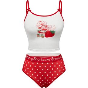 Floerns Women's Cute Lingerie Set 2 Piece Strawberry Print Wireless Bow Cami Top and Brief Set