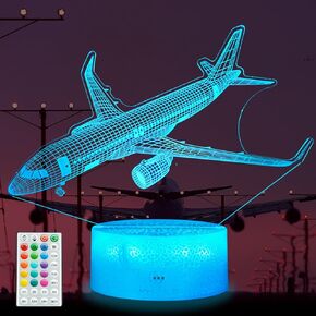 Airplane Night Light, Plane Gifts, Aviation 3D Illusion Night Light with 16 Colors Changing, Remote Control with Timer, Kids Room Decoration for Holiday Birthday Christmas