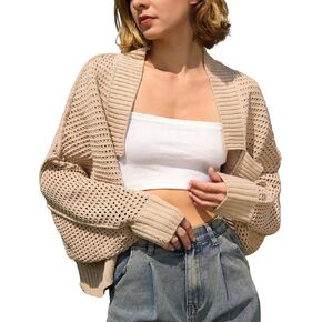 Yimoon Women's Bolero Shrug Sweater Cropped Cardigan Knit Open Front Batwing Long Sleeve Y2k Fall Streetwear(Apricot-L)
