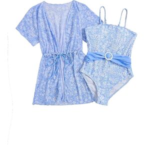OYOANGLE Girl's 2 Piece Bikini Sets Swimwear Cute Floral Print Spaghetti Strap Swimsuits with Kimono Coverup