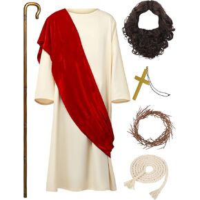 SOMSOC 7 Packs Jesus Costume Adult Men Biblical Religious Jesus Robe Costume Includes Shawl Waist Rope Wig for Easter Party