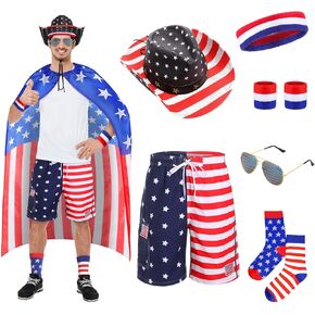 MEPase 7 PCS American Flag Costume Cape 4th July Shorts for Men Insportics for Independence Day