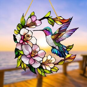 Flowers Hummingbird Stained Window Hanging Ornament, Garden Stained Acrylic Double-Sided Printed Window Panel, Great Gift for Mom Grandma and Birds Lover for Birthday Mother's Day or Housewarming